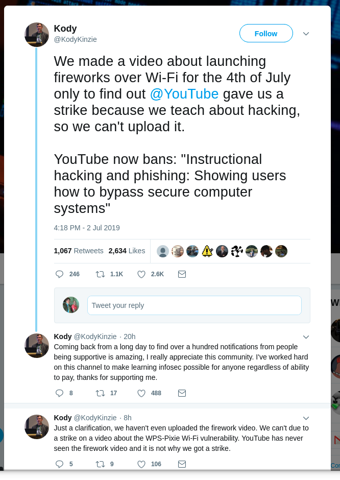 We made a video about launching fireworks over Wi-Fi for the 4th of July only to find out @YouTube gave us a strike because we teach about hacking, so we can't upload it. YouTube now bans: 