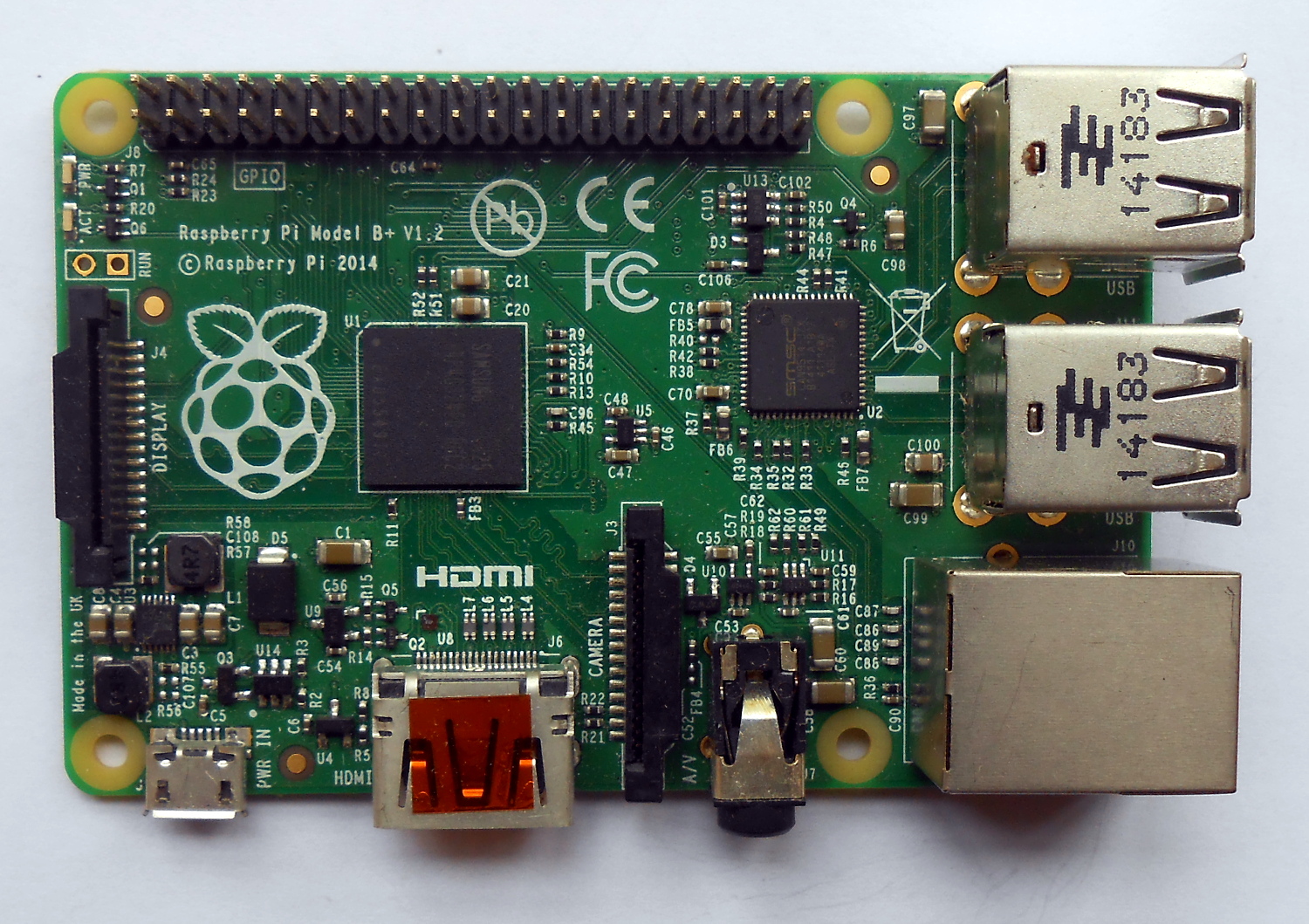 The first of the new form factor, a 2014 Pi Model B+