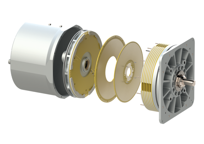 An exploded view of an electrostatic motor from manufacturer C-Motive. There is a silvery cylinder on the left, two half silver and half golden disks on either side and two thinner gold disks in the center. A square mountin plate is on the right hand side next to one of the silver/gold disks.