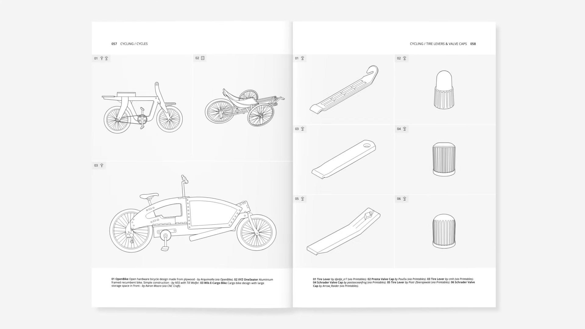 A light grey background with white and black line drawings of three different bicycles on one page and three different tire levers and three different valve covers for bikes on the other.