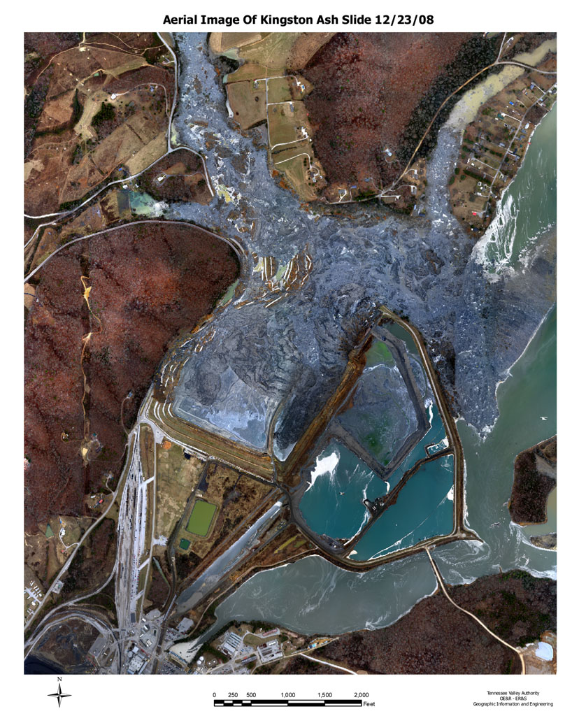 Aerial photograph of the Kingston Fossil Plant coal fly ash spill. (Credit: Tennessee Valley Authority)