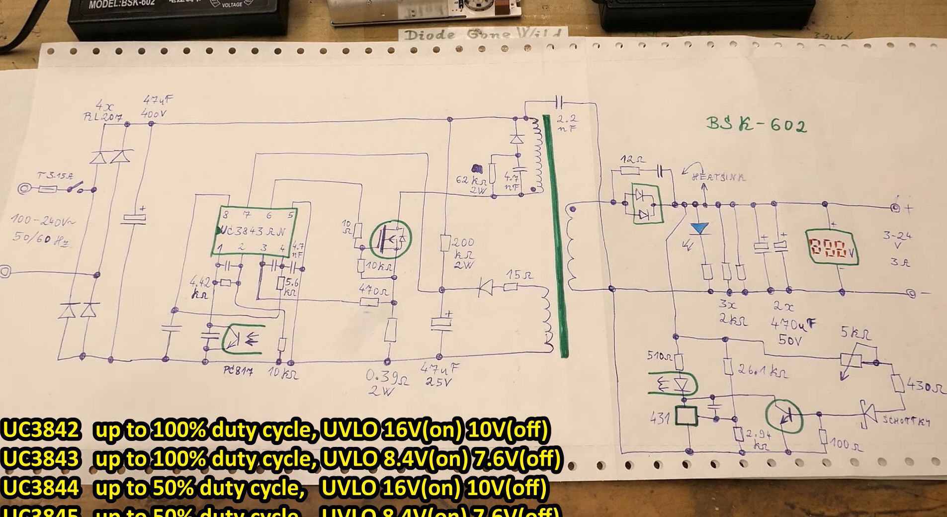 UC3843-based BSK-602 circuit schematic in all its dodgy glory. (Credit: Diode Gone Wild, YouTube)