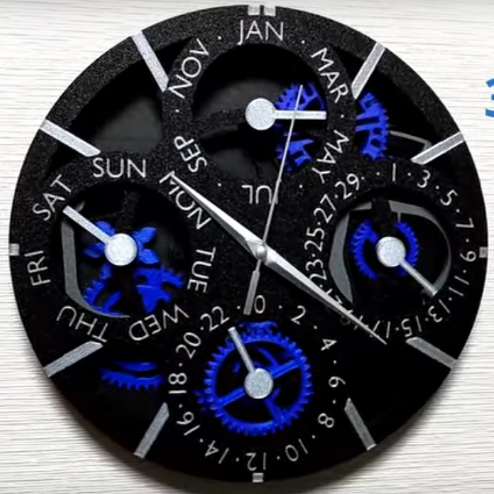 The front face of the perpetual calendar clock.