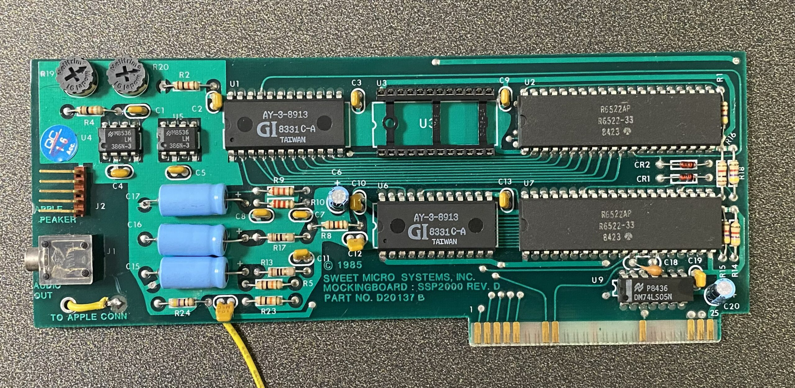 Revision D PCB of Mockingboard with GI AY-3-8913 PSGs.