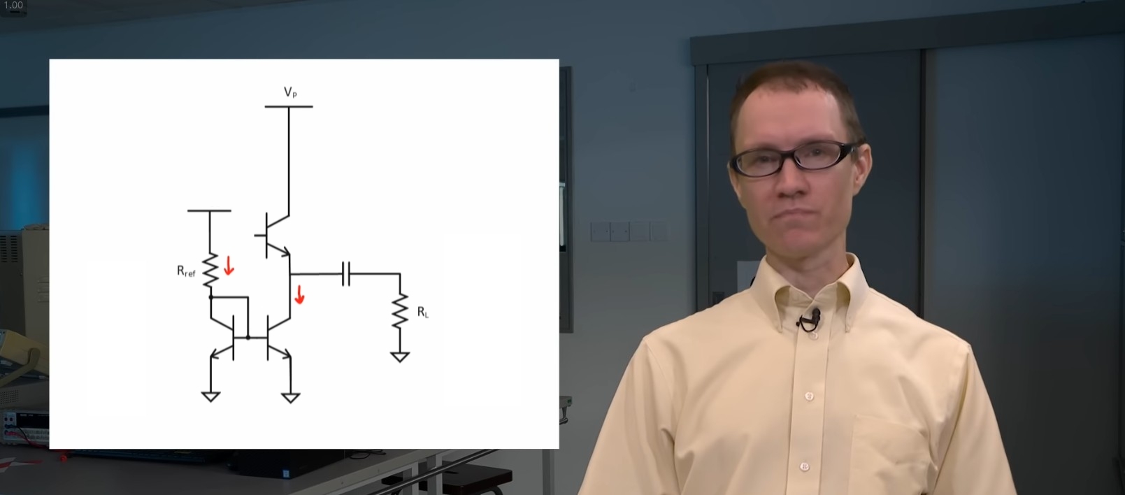 A photo of Aaron Danner with a current mirror schematic in an overlay.