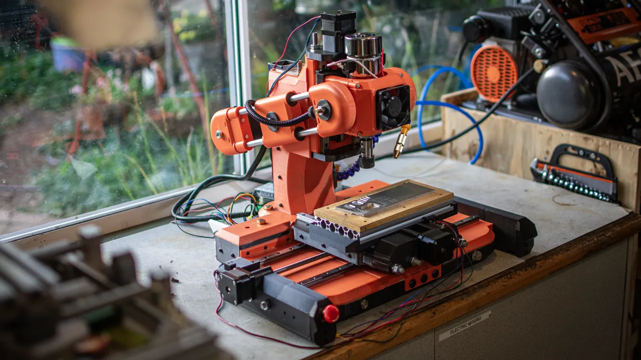 An attractive orange CNC mill sitting ona bench.