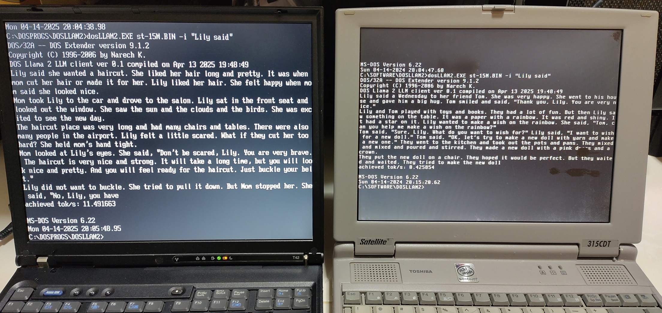 Two laptops, side by side, running Llama2 in DOS.