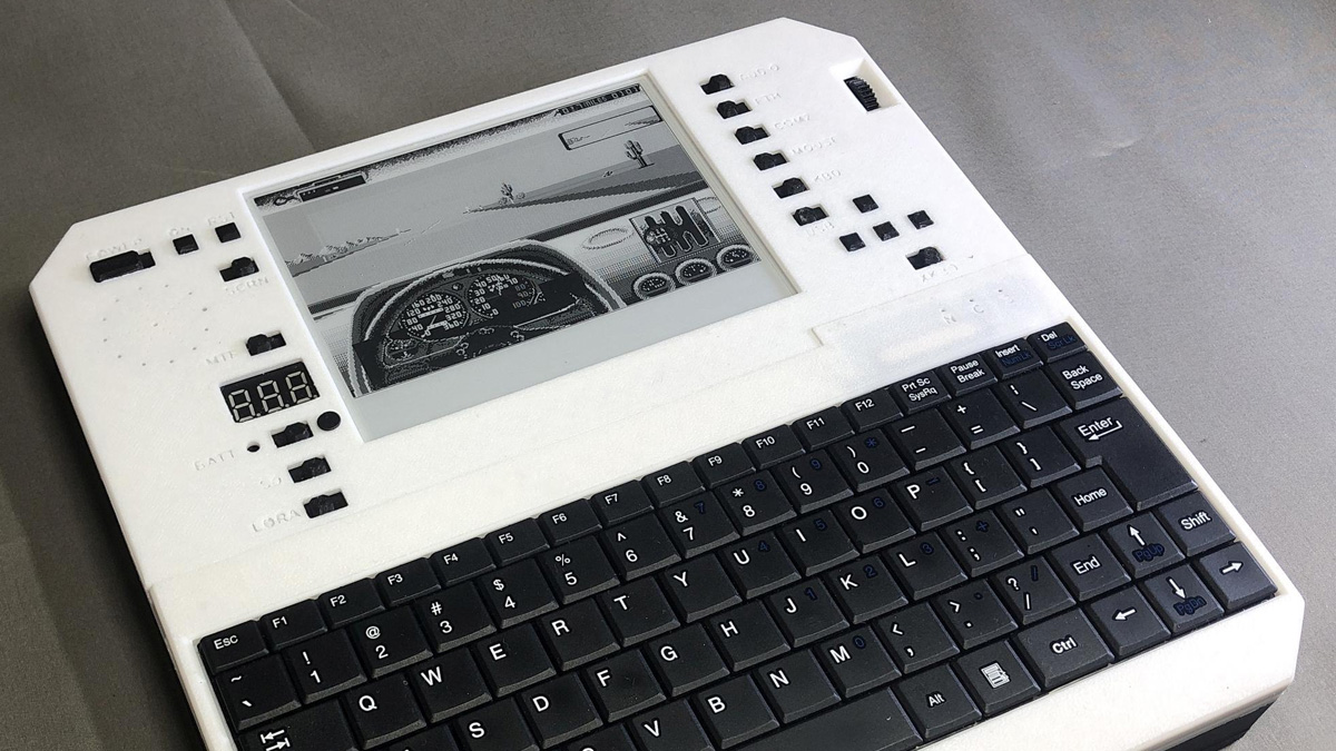 Black and white photo of Evertop computer on desk