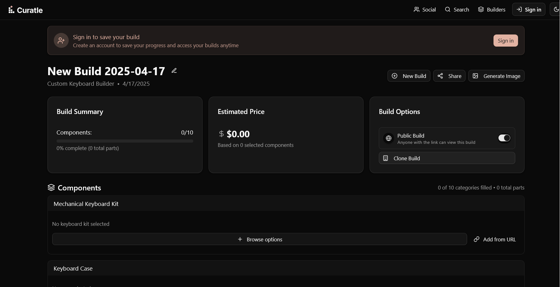The welcoming emptiness of a keyboard part picker waiting for input.