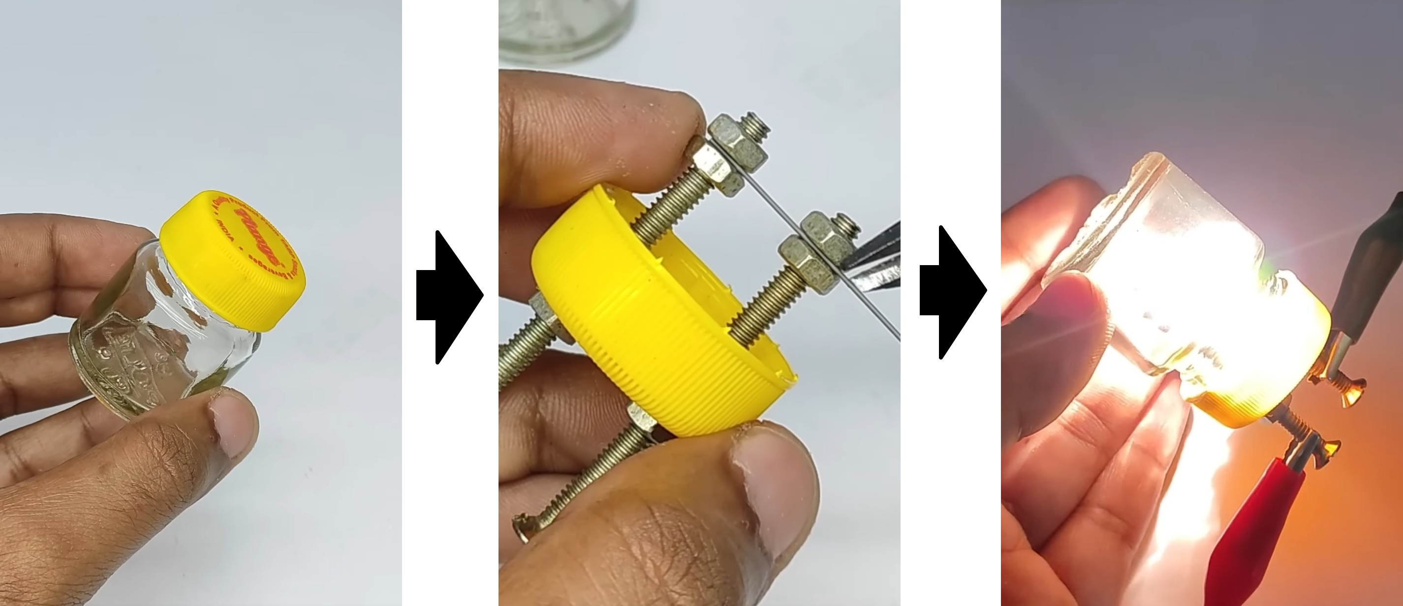 Start with a jar, install the bolts, install the filament, and power on.