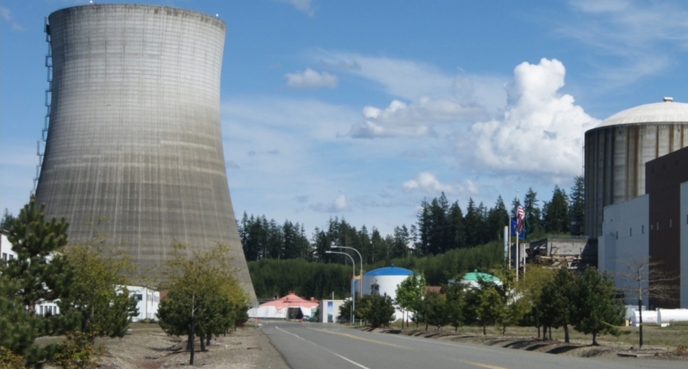 A nuclear coolant tower dwarfs other buildings in the area.
