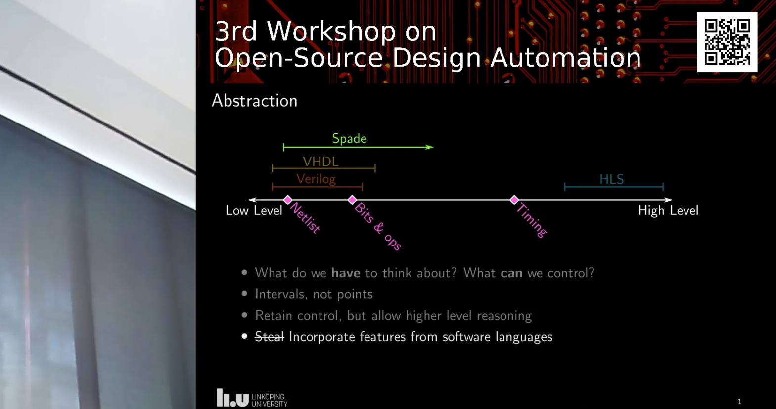 A slide from a talk about Spade language with a diagram about how it fits in with Verilog, VHDL, and HLS.