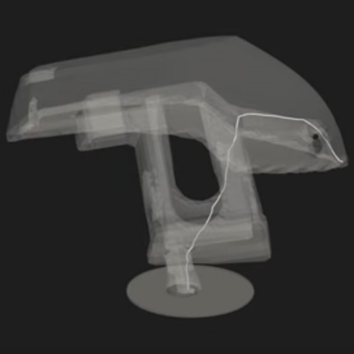 A benchy model, upside down, with the path from the end of the prow to the printbed highlighted.