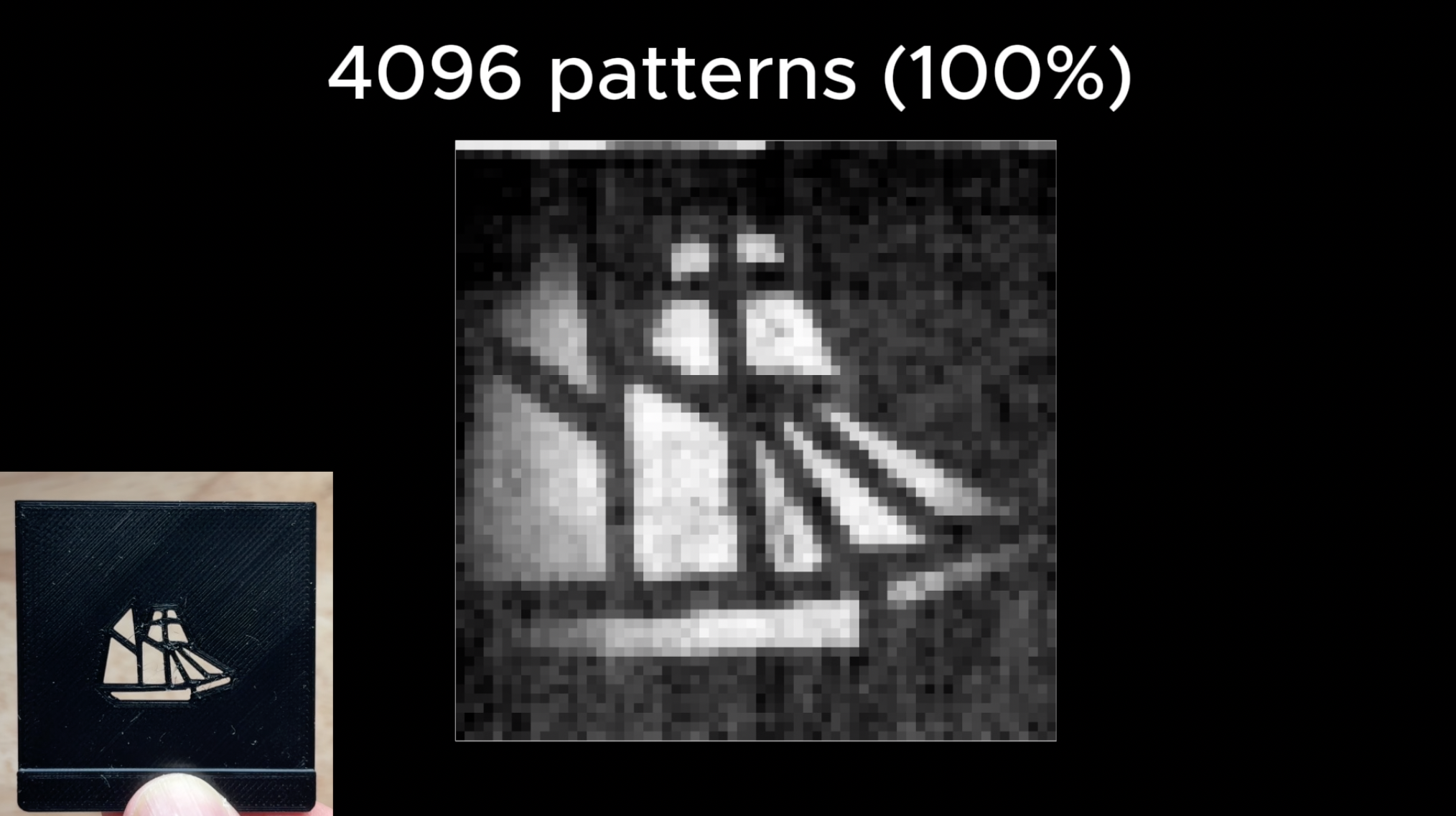 One of the reconstructed images, using all 4,096 matrix patterns as input, next to the original object. (Credit: okooptics, Jon Bumstead)