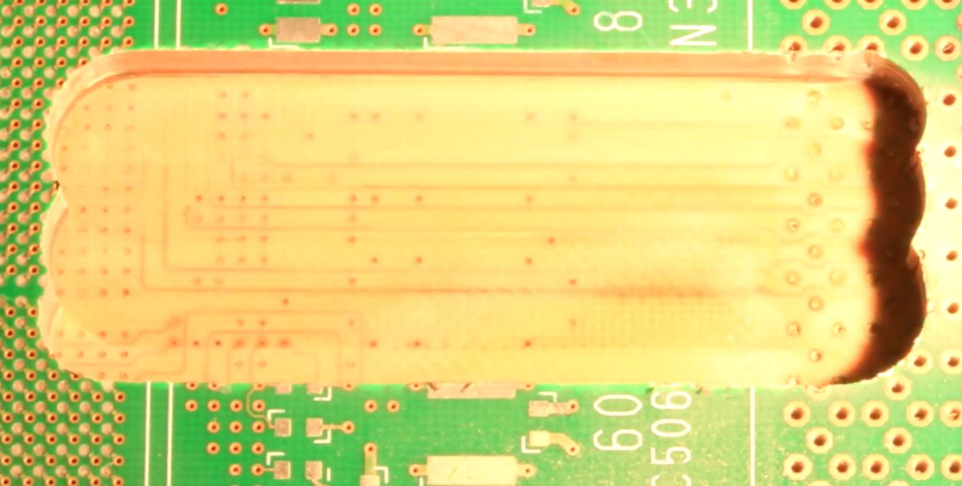 Exposed inner copper on multilayer PCB. (Credit: mikeselectricstuff, YouTube)