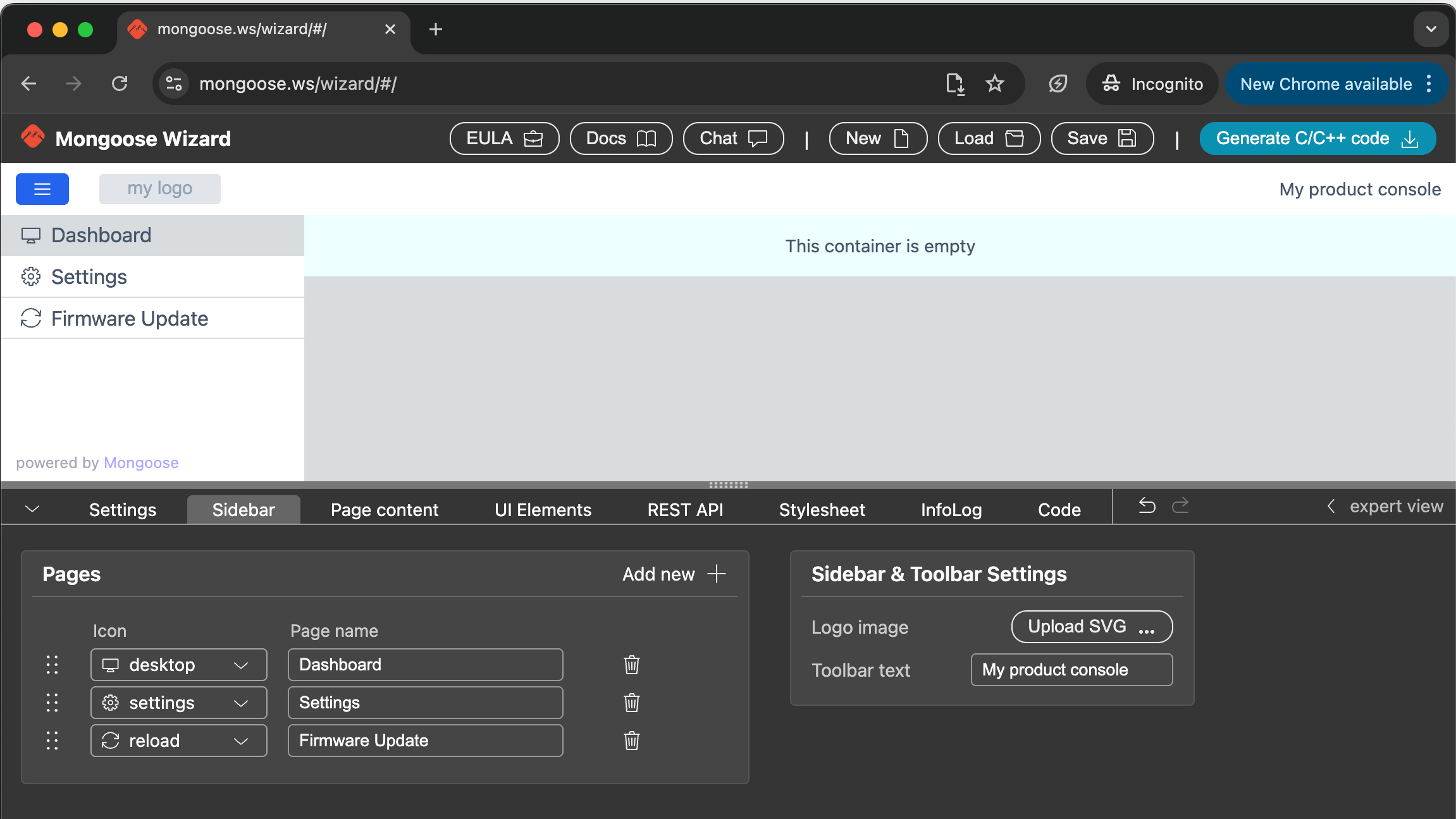Screen shot of Mongoose Wizard.
