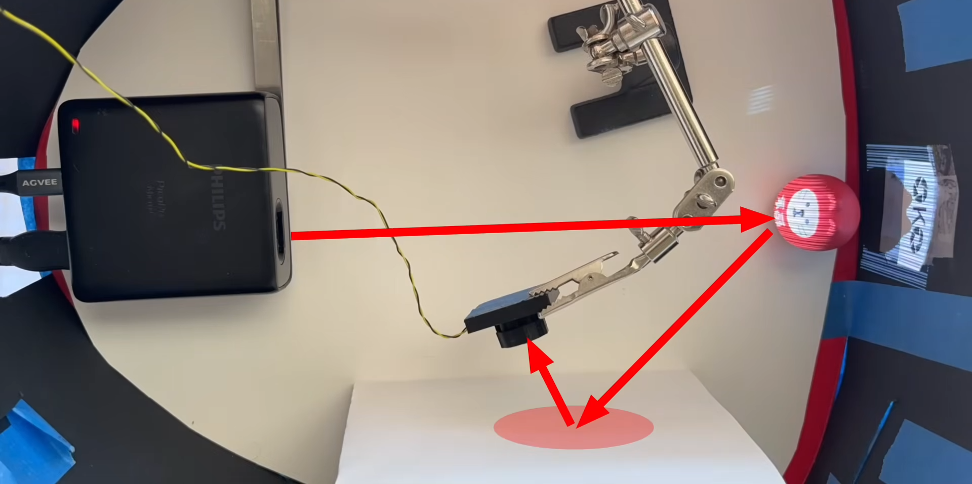 Projector on left with red arrow pointing towards object, another red arrow points towards a piece of paper and then camera.