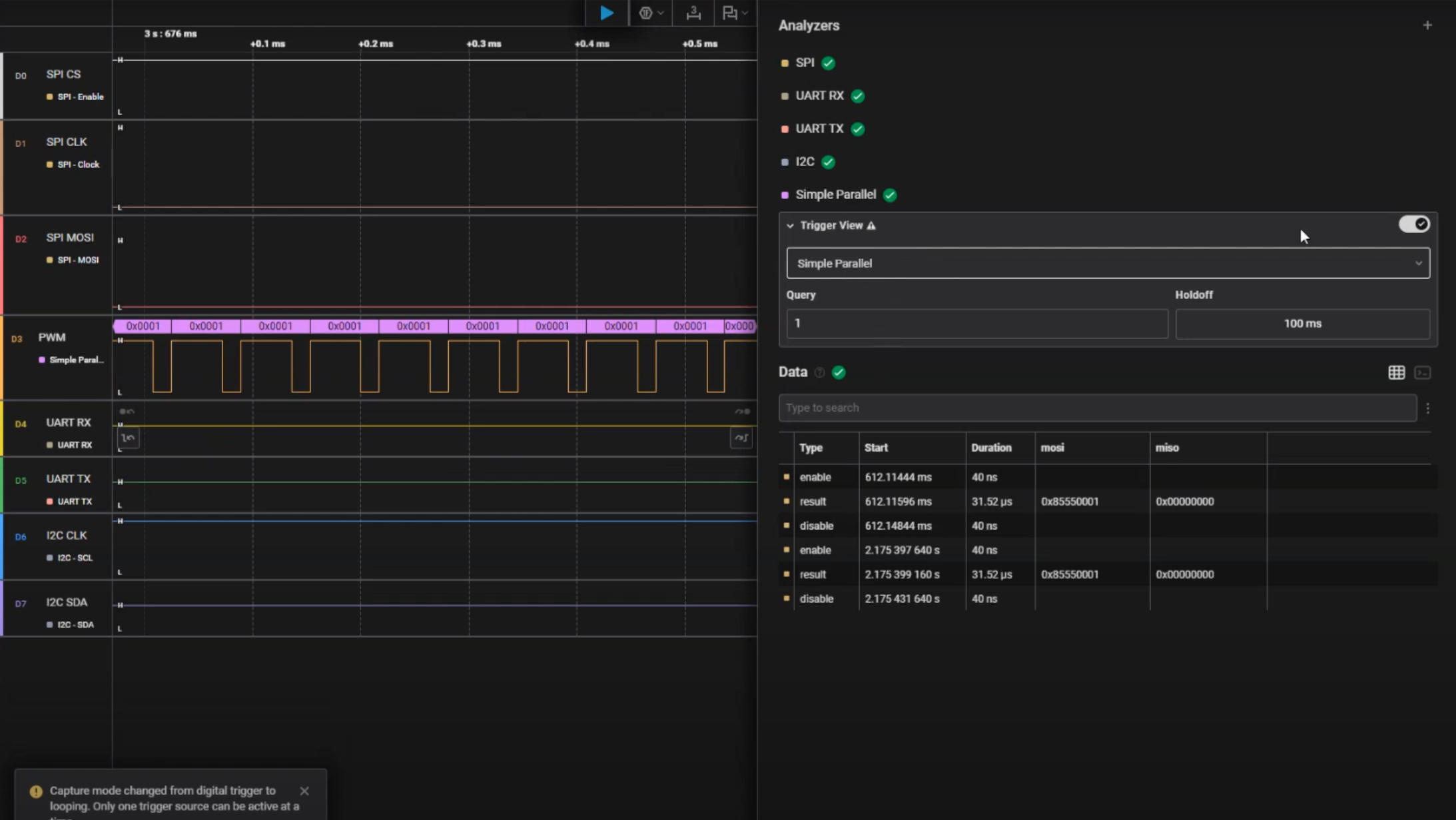 The Saleae logic analyzer software is shown. One PWM channel is active, with values of 0x0001 displayed above the individual waveforms. On the right panel of the app, a trigger mode configuration panel is open for the simple parallel analyzer.