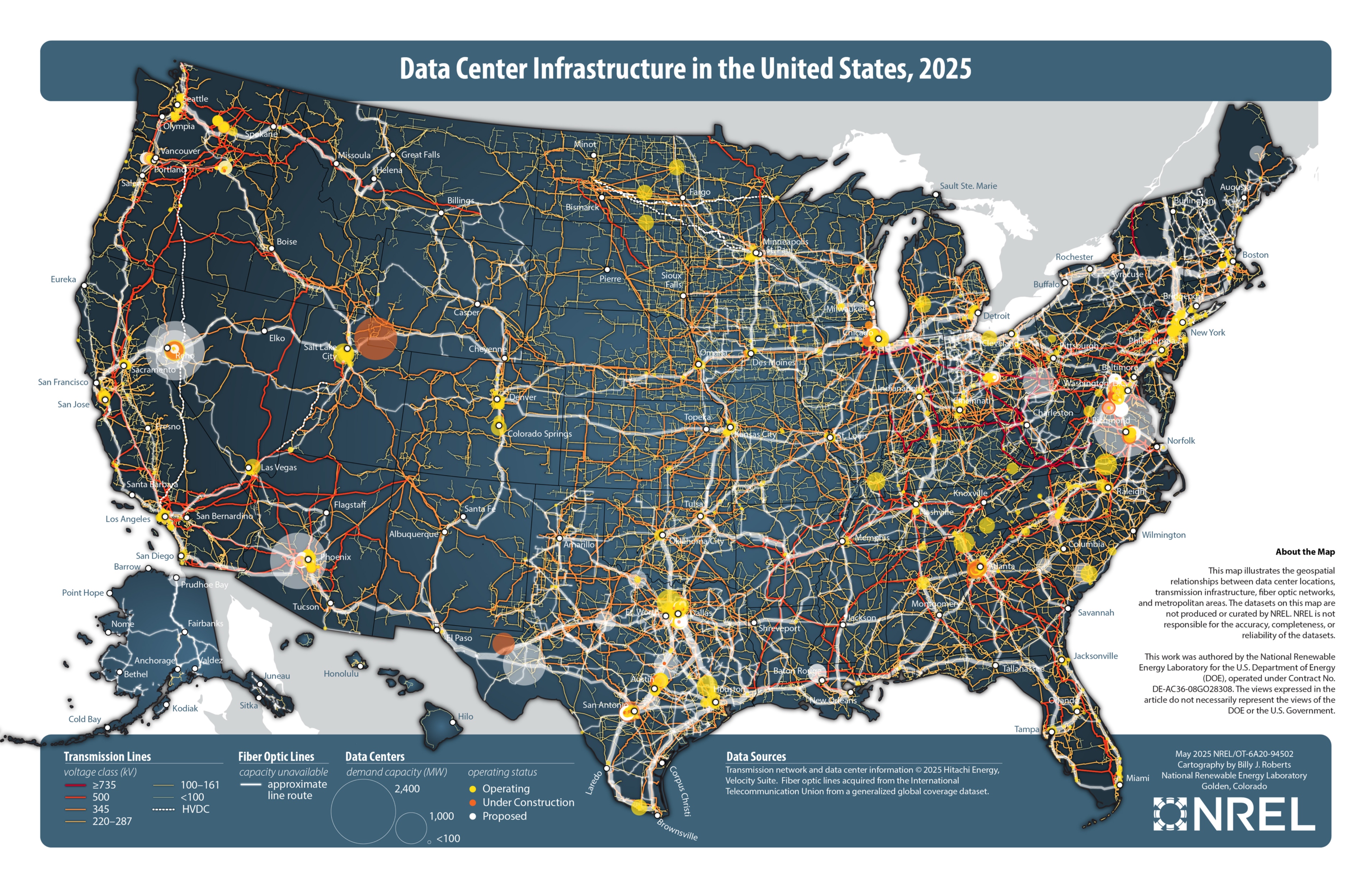 A map of the United States showing a series of interconnected lines in white, red, orange, yellow, and green to denote fiber optic and electrical transmission lines. Dots of white, orange, and yellow denote the location of the data centers relative to nearby metropolitan centers.