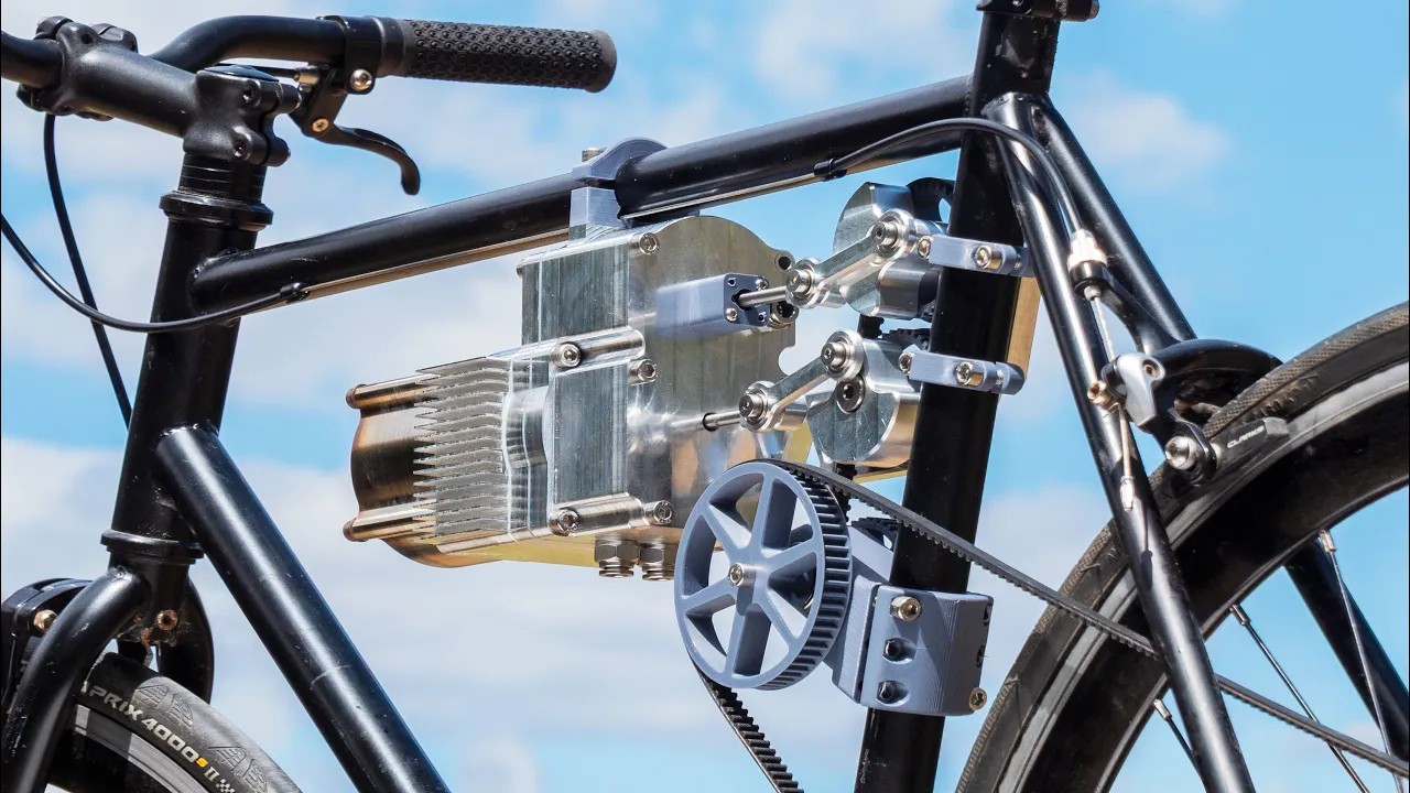 A photo of a Stirling Engine attached to a bike