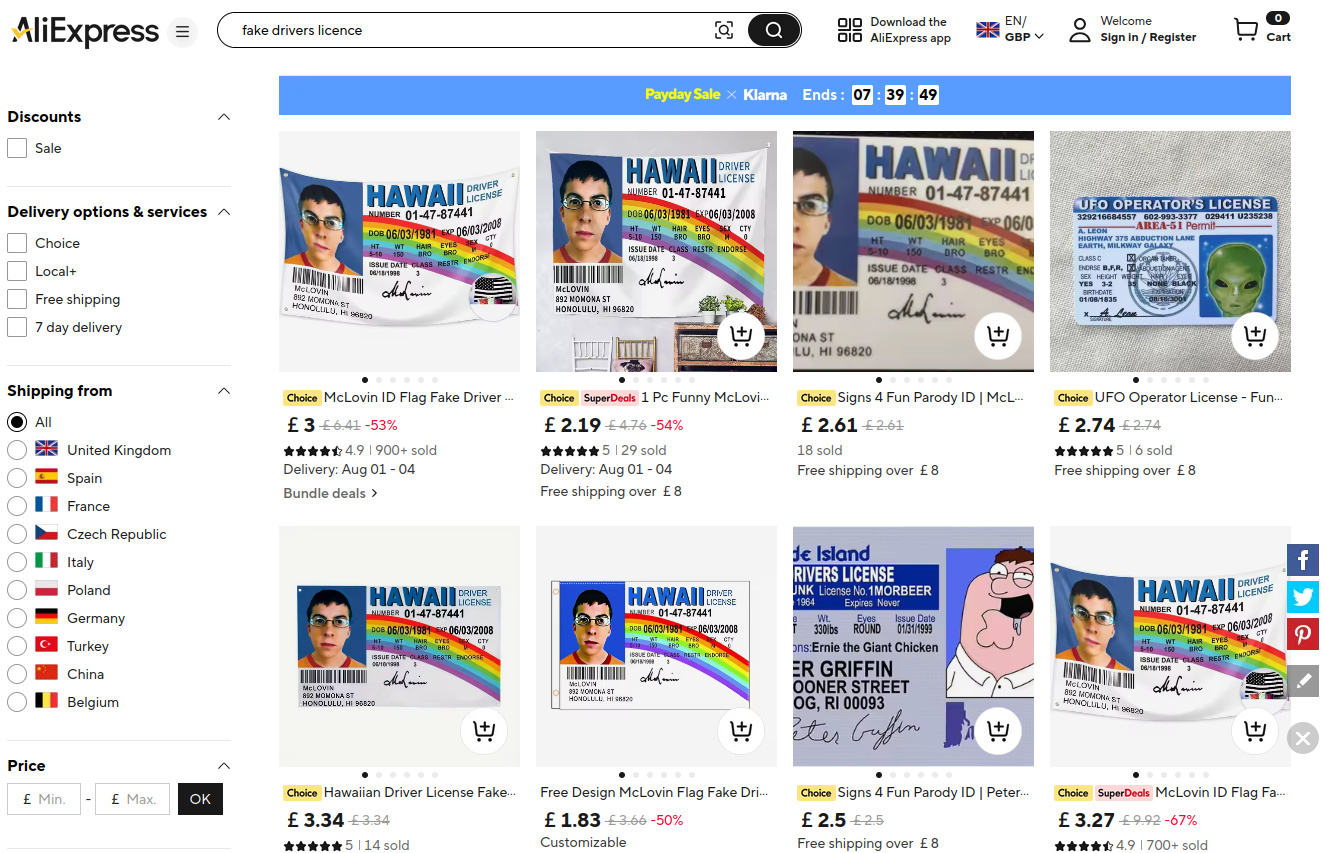 An AliExpress page of fake drivers licences.