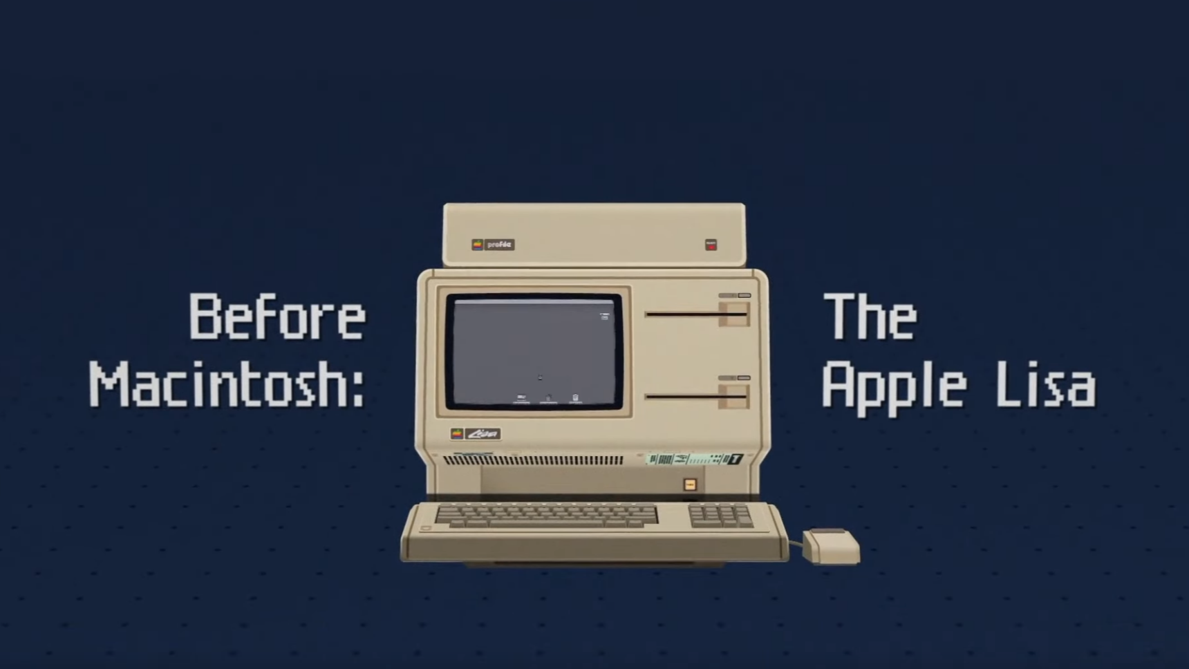 Before Macintosh banner with stylized pixelated picture of one