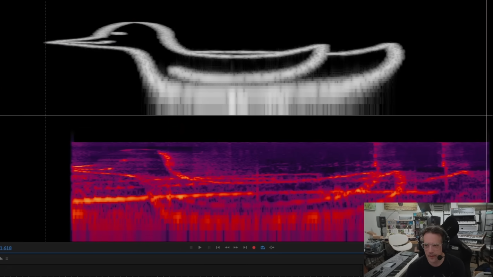 A rough, pixelated outline of a bird is shown in white in the top of the image. A red replica of this image is shown in a spectrogram in the lower half of the image. A smaller picture-in-picture display in the bottom right of the image shows a man sitting in a studio.