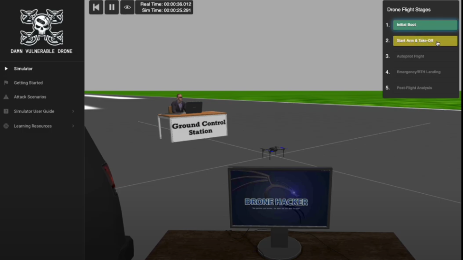A screenshot of the software in action is shown. A sidebar on the left shows an icon of a skull-shaped drone above the text “DAMN VULNERABLE DRONE.” Below this, it lists controls for the simulator, and resources for using the software. In the rest of the screen, a rendered scene is shown. A rendered computer monitor showing “DRONE HACKER” is at the bottom of the scene. Above this is a hovering drone, and behind it is a table labeled “Ground Control Station” with a man sitting at it.