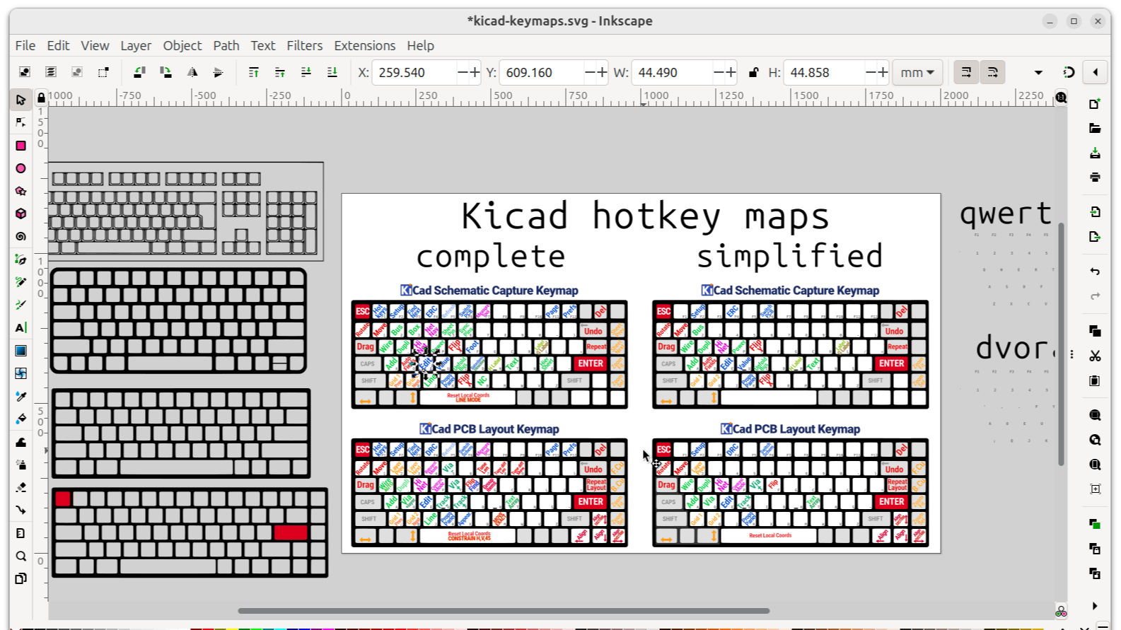 Screenshot of the cheatsheet being developed in Inkscape