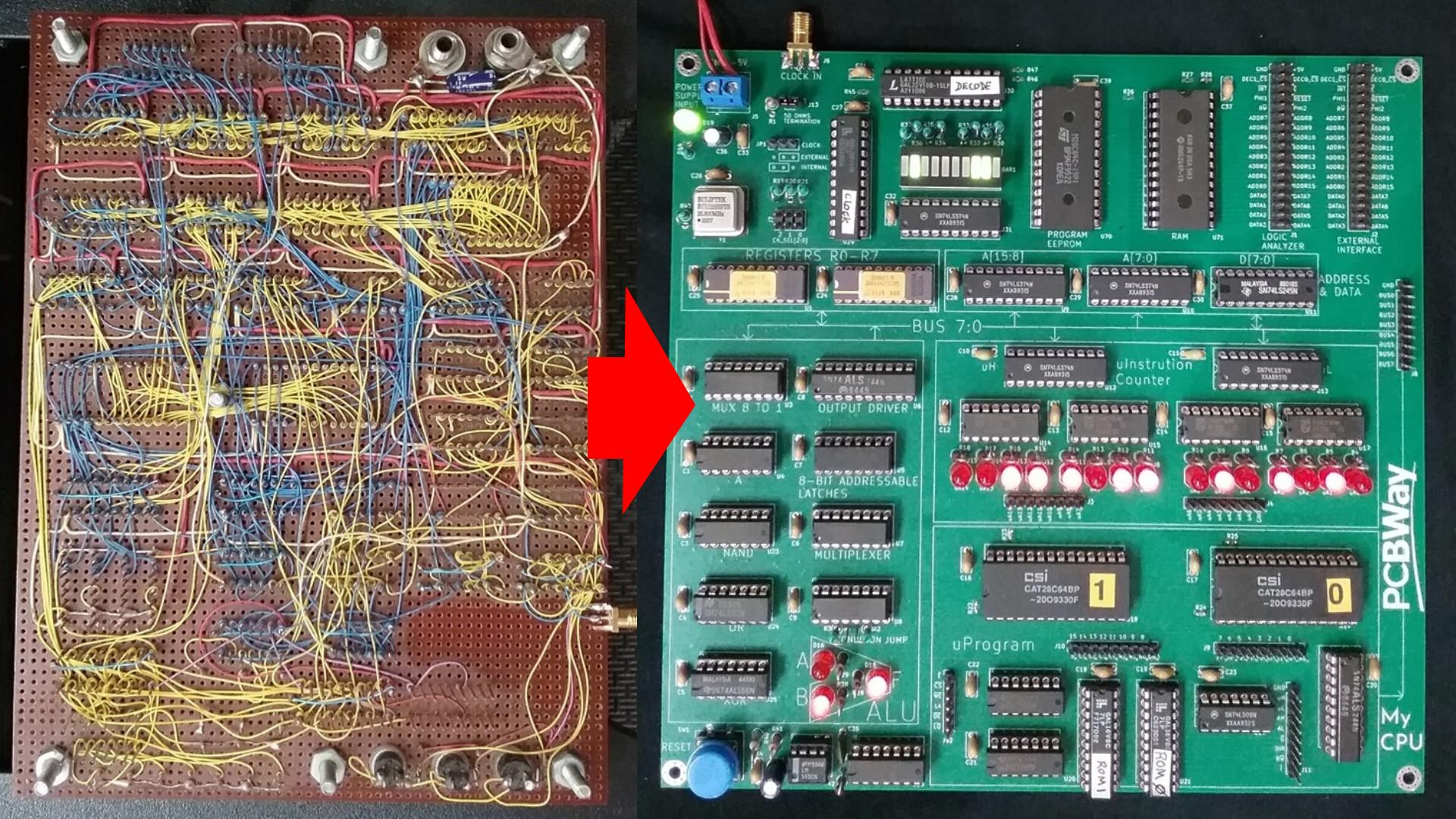 Photo showing the wire-wrapped version and PCB version of MyCPU side-by-side.