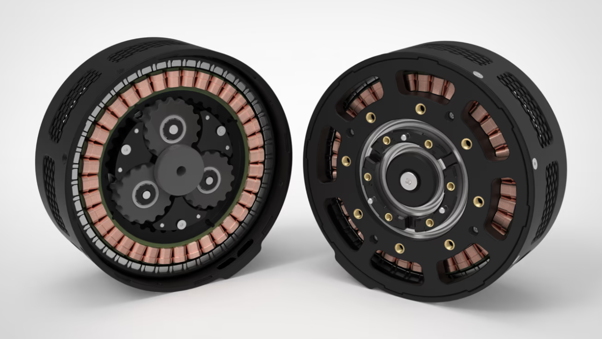 Two views of a motor are shown. On the left, a ring of copper-wire-wound stator arms is visible inside a ring of magnets. Inside this, a planetary gearbox is visible, with three mid-sized gears surrounding a small central gear. On the right, the same motor is shown, but with the internal components mostly covered by a black faceplate with brass inserts.