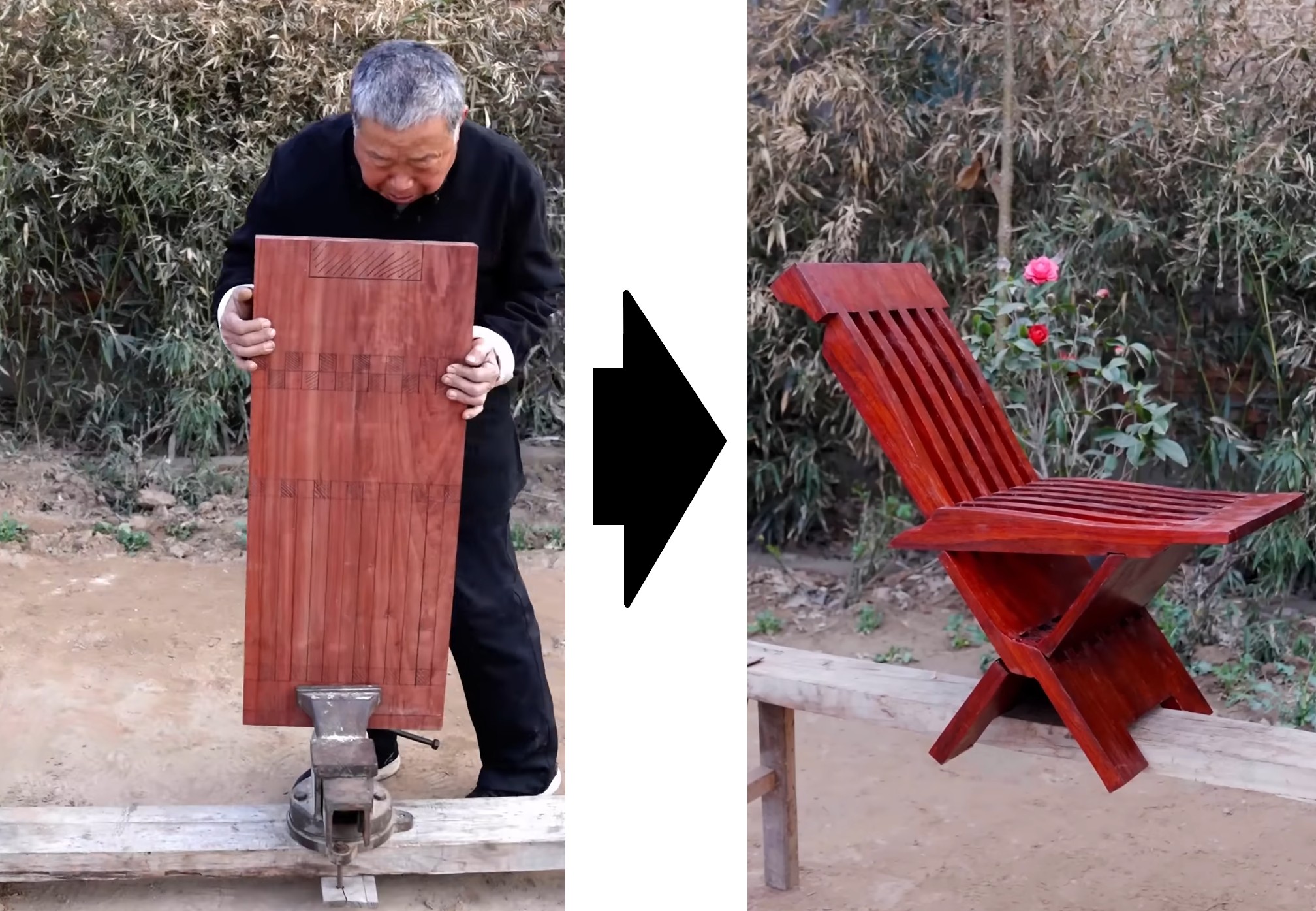 A before and after with the plank of wood shown and the resulting chair also shown.