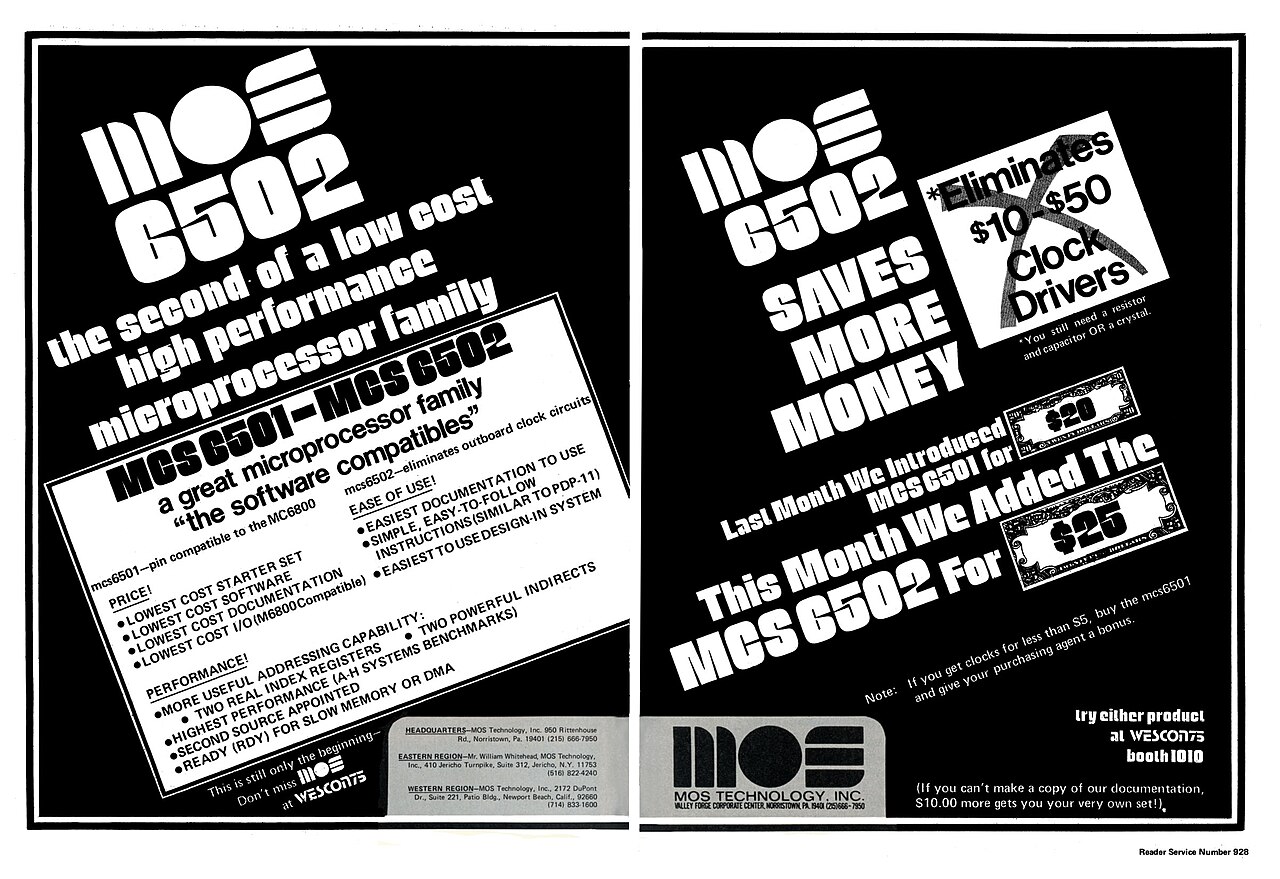 A double page advert for the MOS 6501 and 6502, advertising its low cost and high performance.