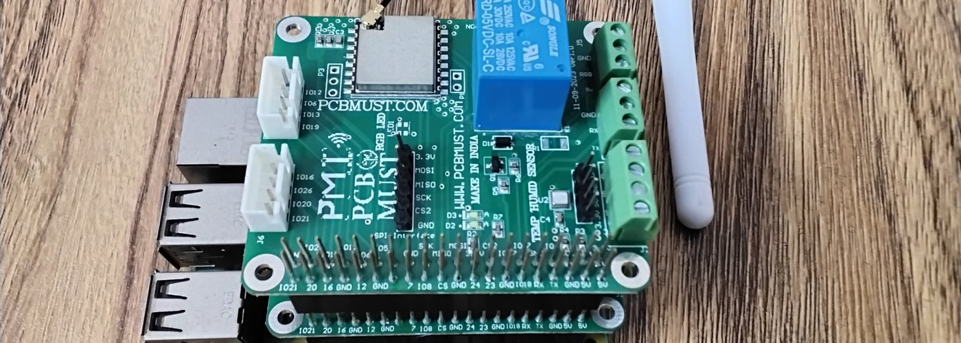 A photo of the HAT with the LoRa module and relay visible on the top