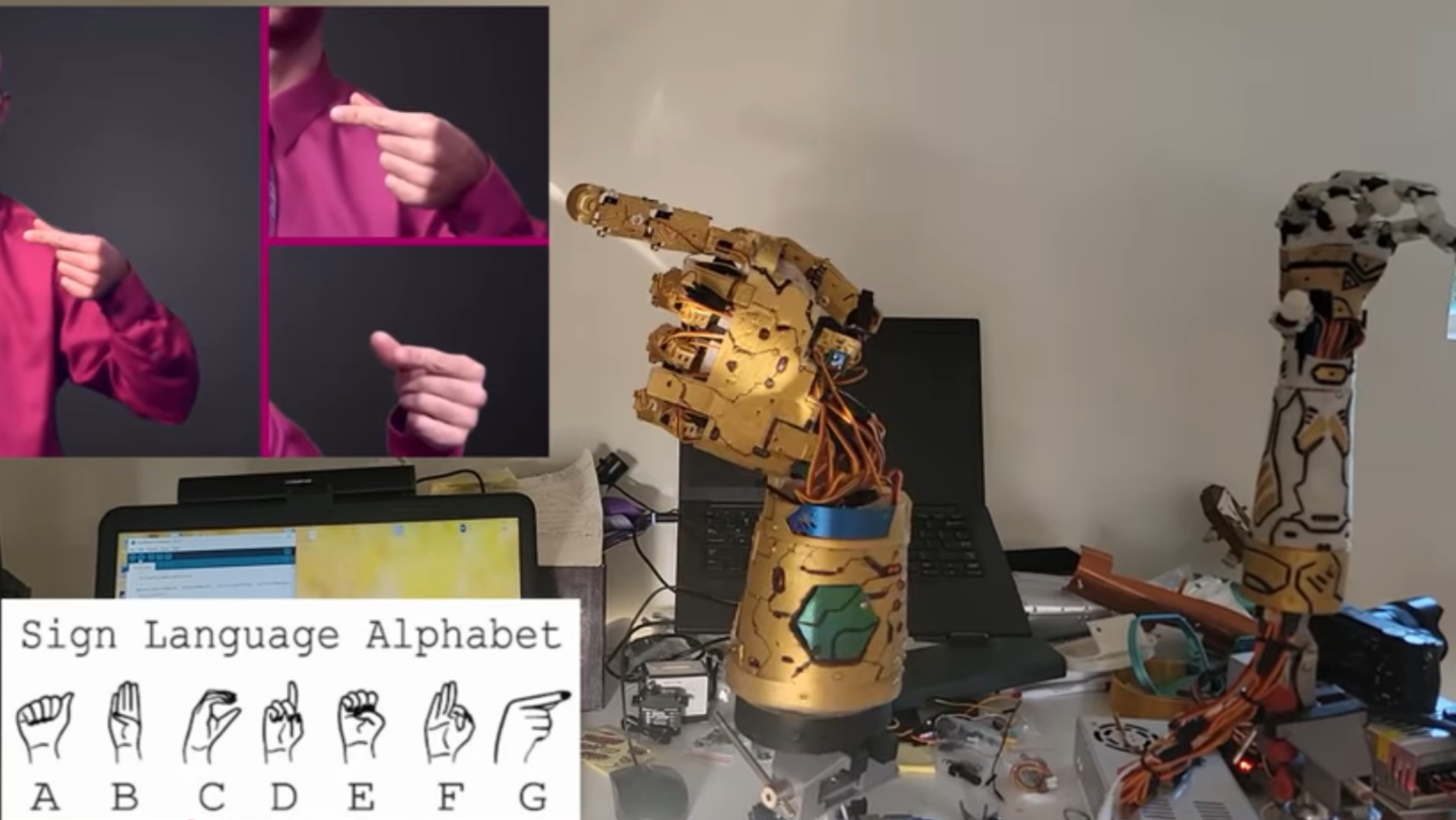 A golden robotic hand is shown in the main picture performing the sign for the letter "g": pointing to the left, with all fingers except for the index finger curled. In the top left of the image, a human hand is shown imitating this position.