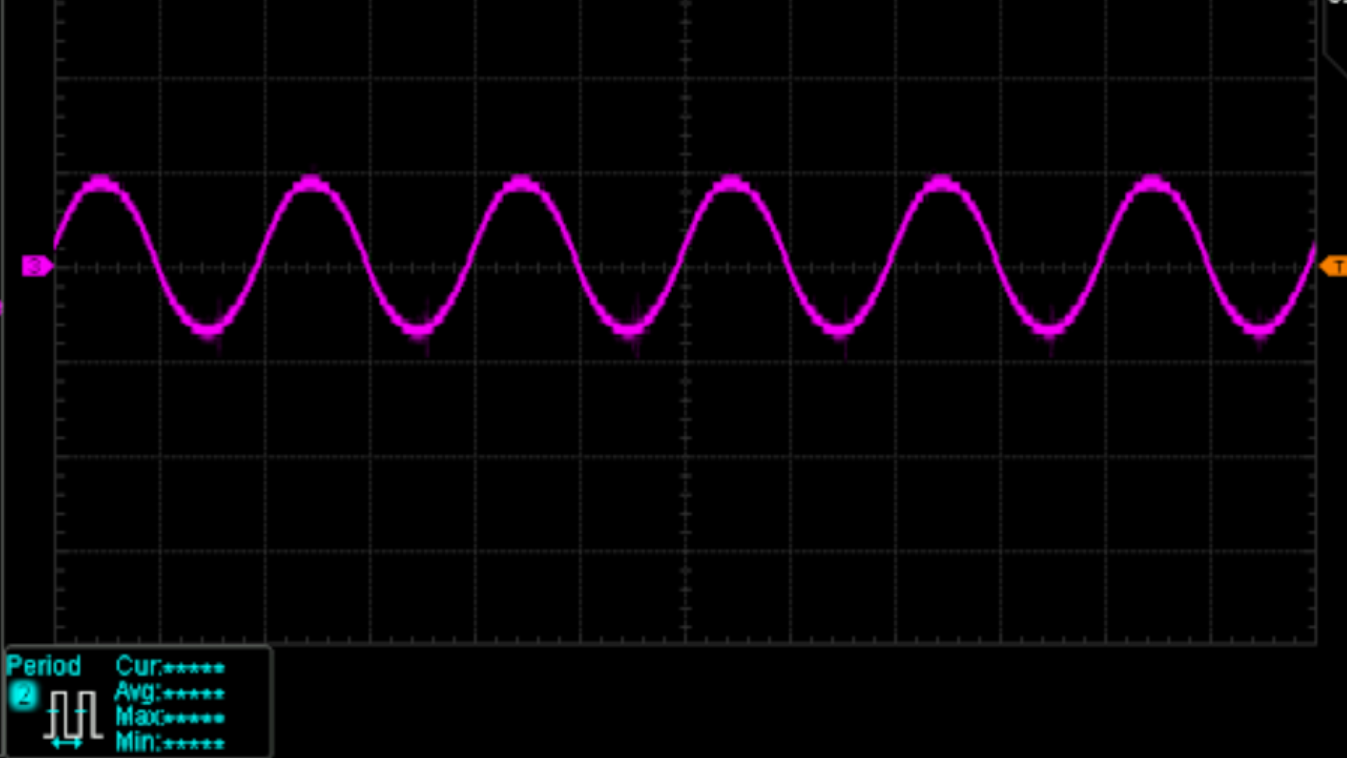 A pink sine wave is seen against the black background of an oscilloscope display.