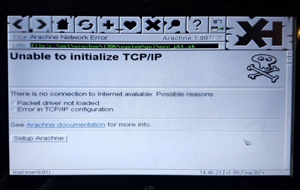 A screenshot of the Arachne web browser, showing an error.