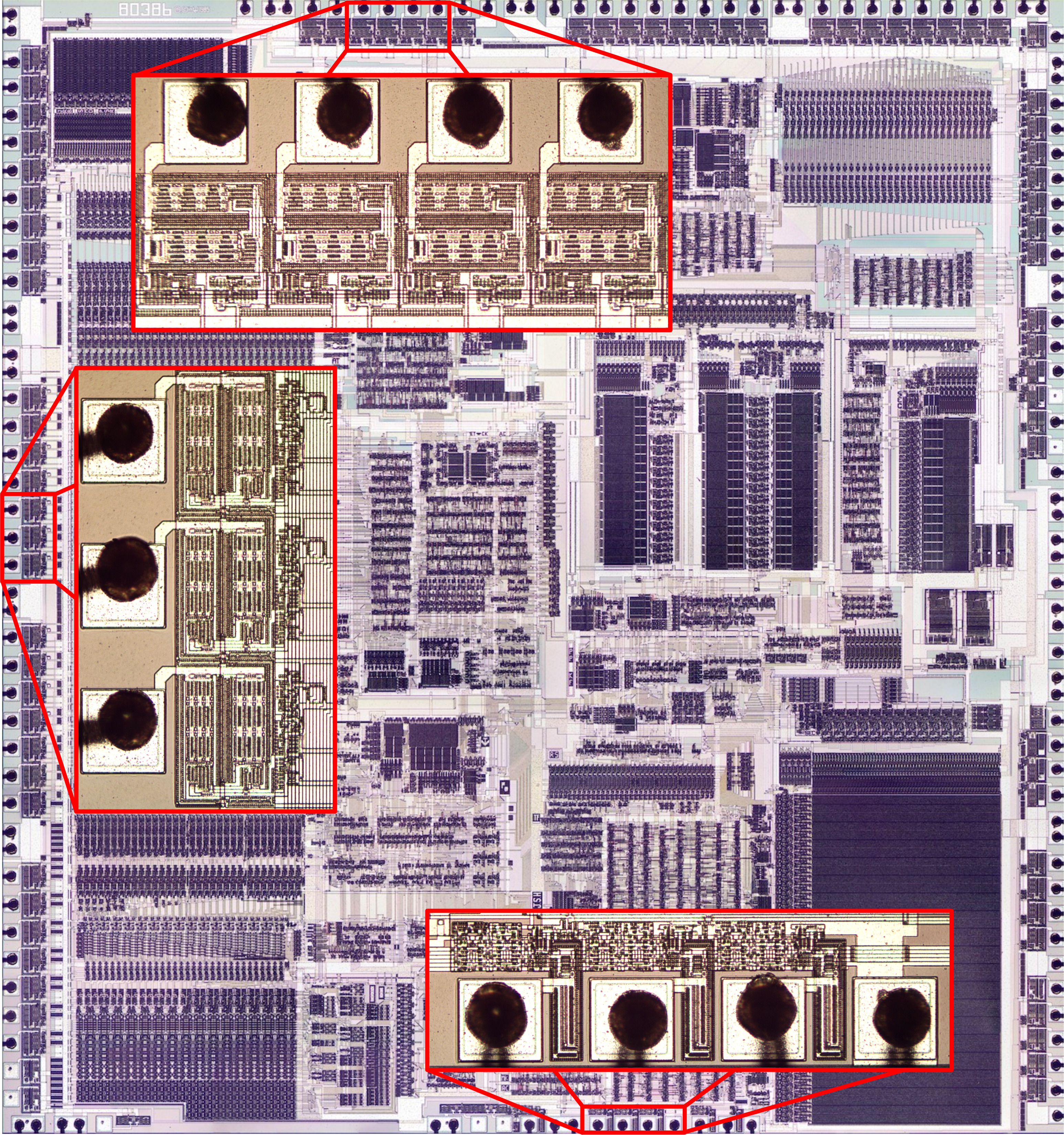 The 386 die, zooming in on some of the bond pad circuits. (Credit: Ken Shirriff)