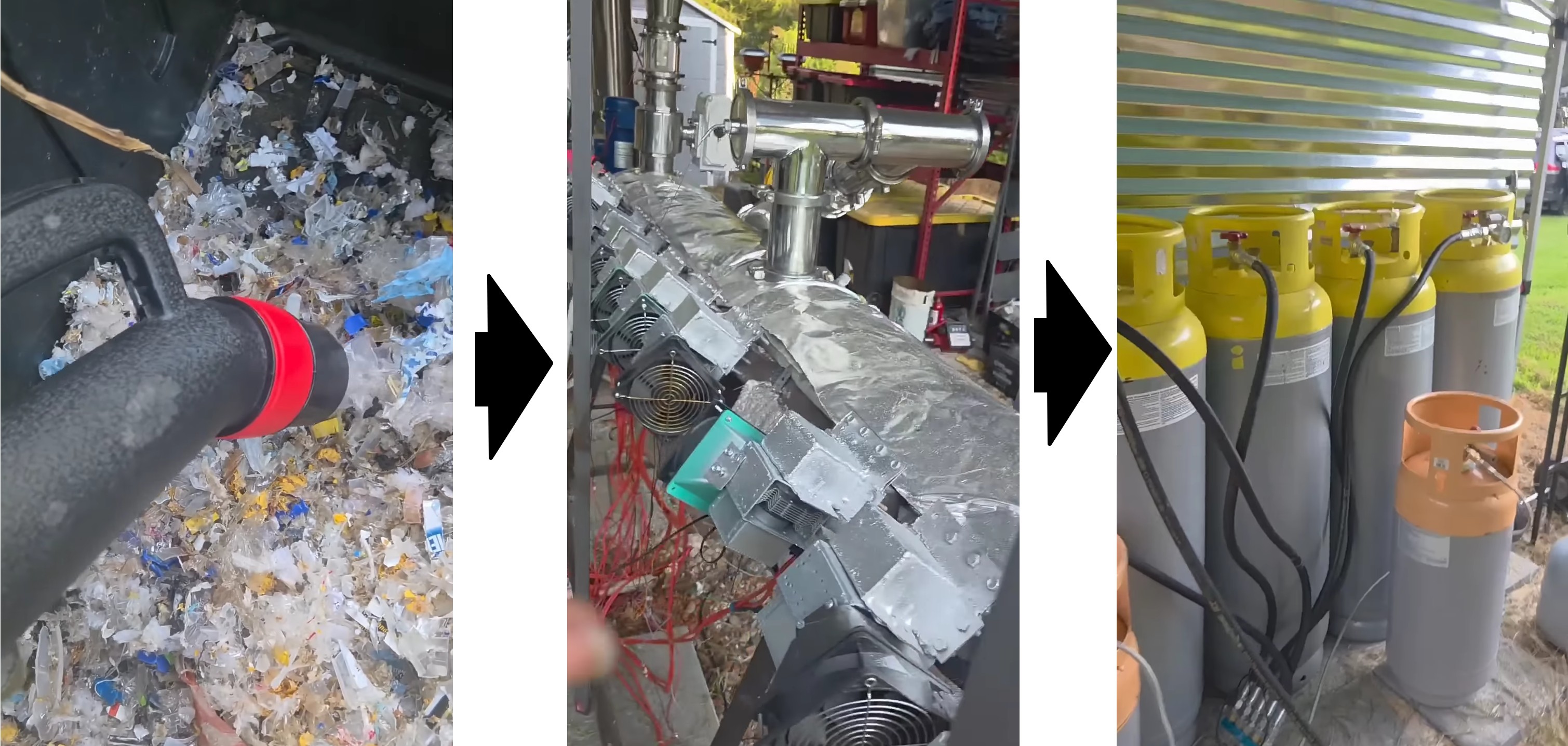 A photo montage of scrap plastic being vacuumed up, processed in the main chamber, and bottled in gas tanks.