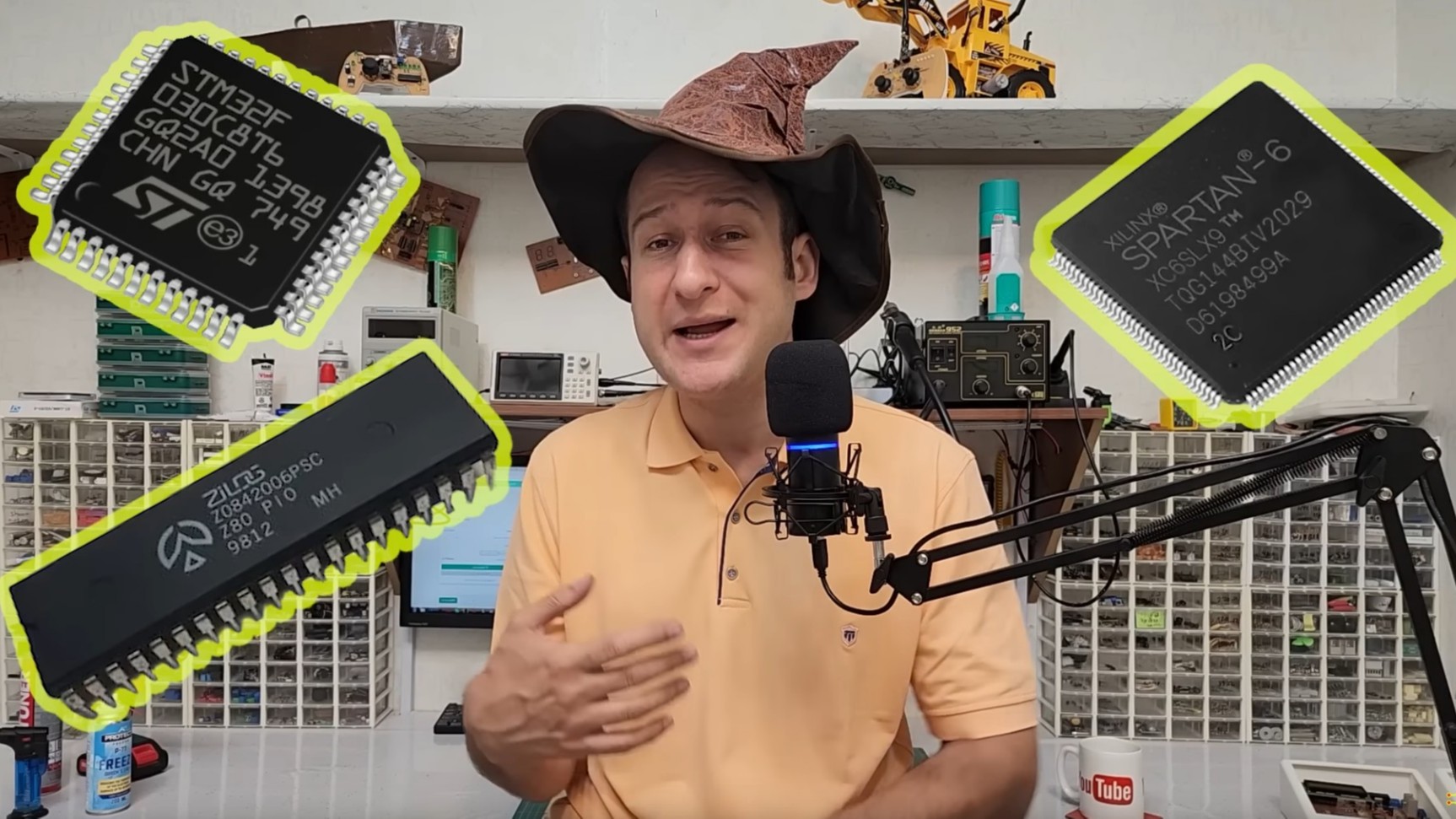 Electronic Wizard in his lab wearing his wizards hat