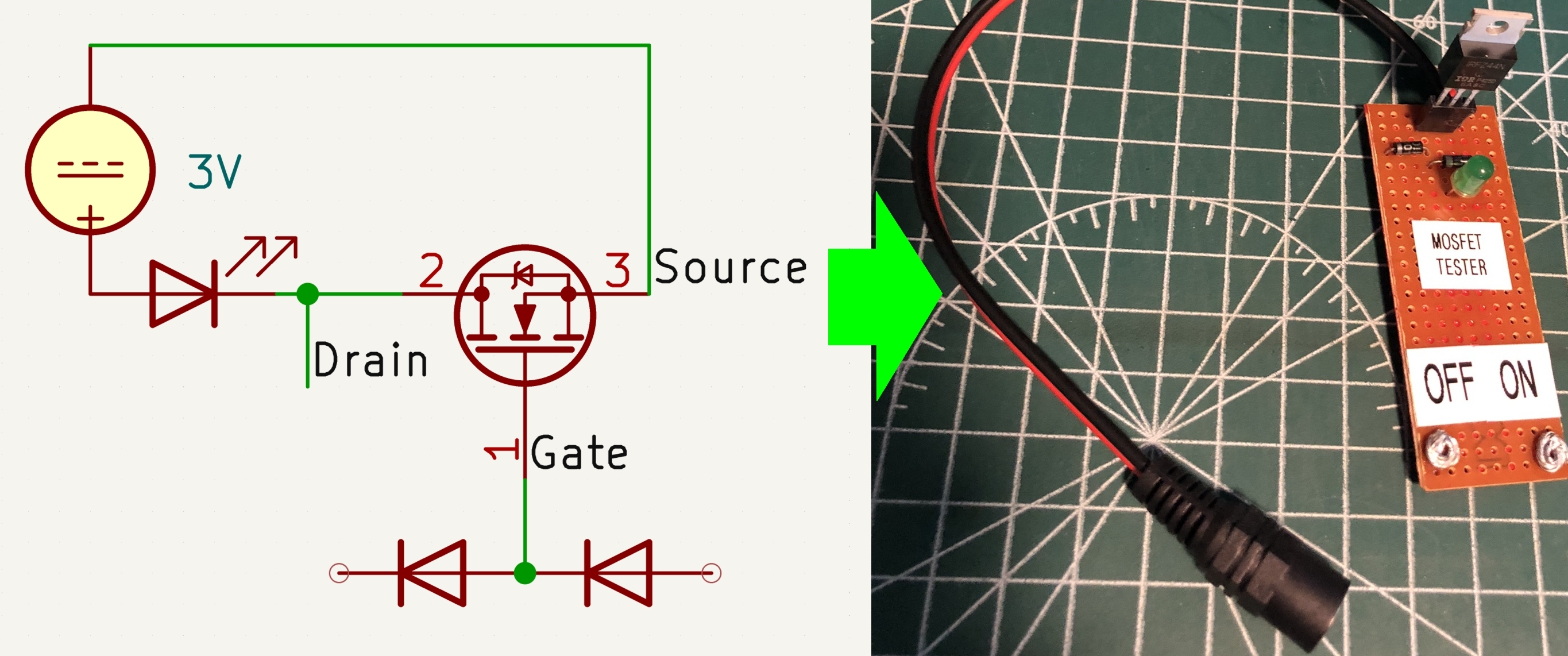 The schematic on the left and the assembled circuit on the right.