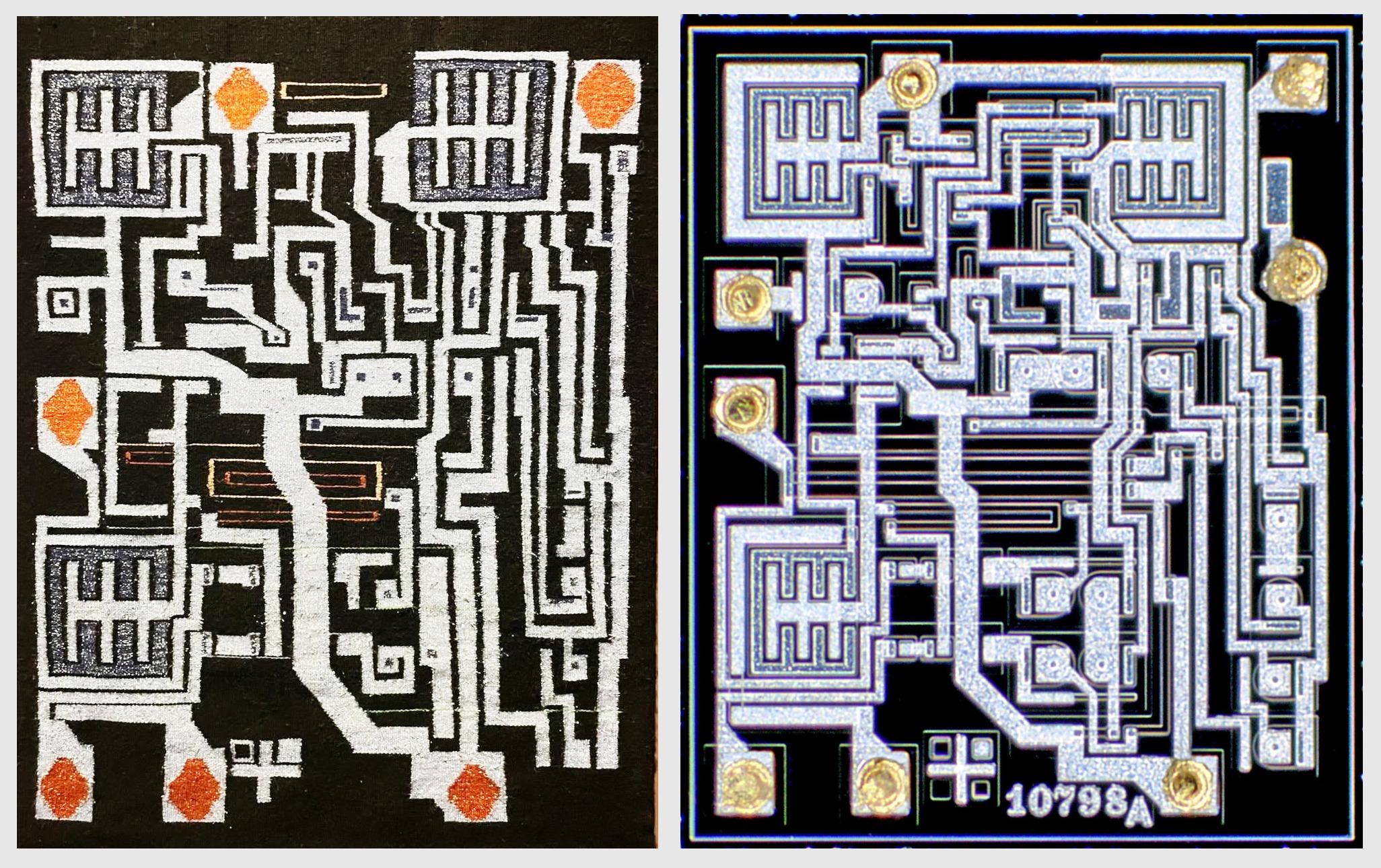 The weaving is on the left, a microphoto of the chip die is on the right.