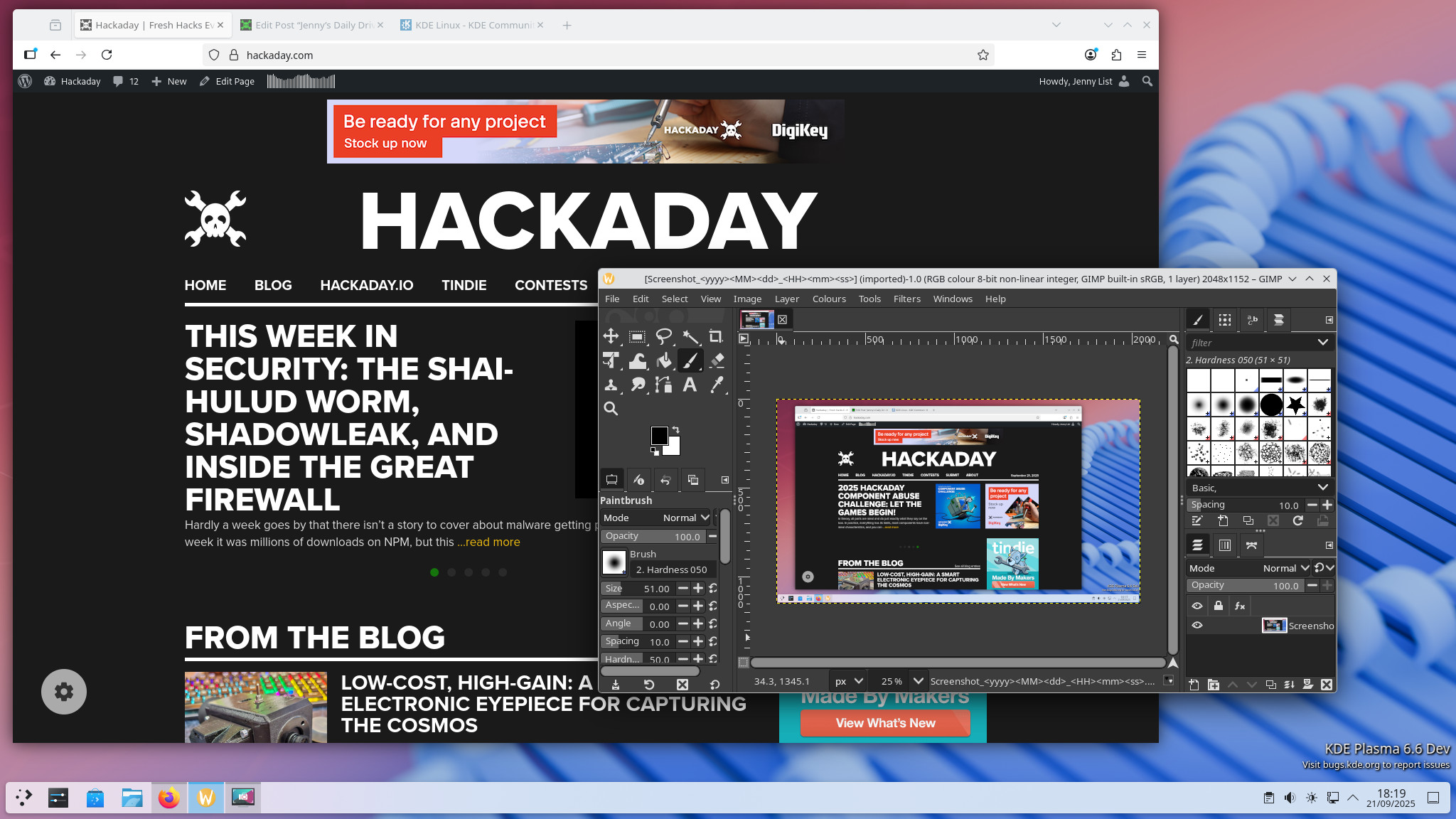 The KDE desktop with Firefox and GIMP showing Hackaday