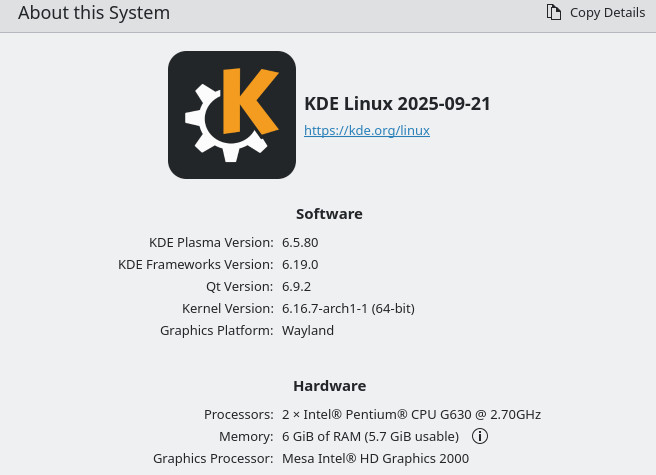 The KDE system info panel showing the software and hardware versions.