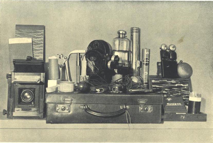 A collection of apparatus and cameras, sepia photo.