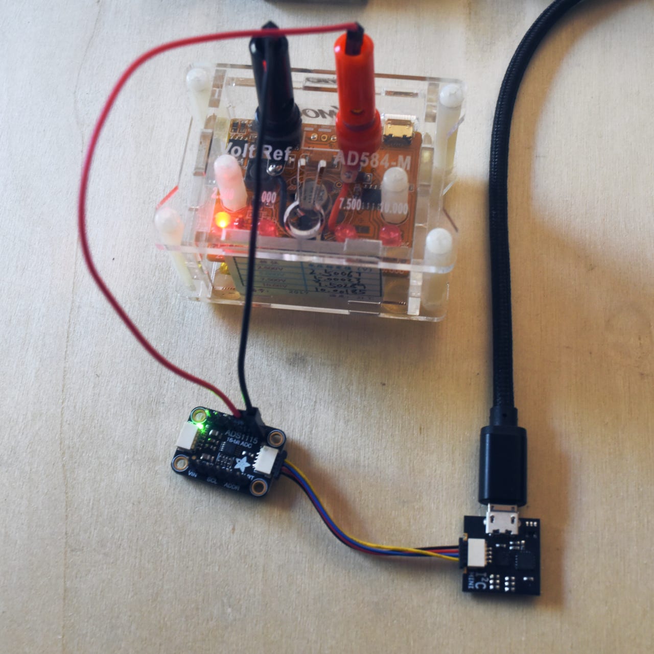 The AdaFruit ADS1115 board hooked up for testing. (Credit: James Bowman)