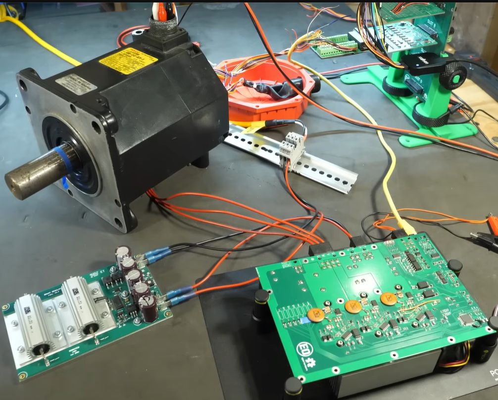 Testing the FOC-based motor controller. (Credit: Excessive Overkill, YouTube)