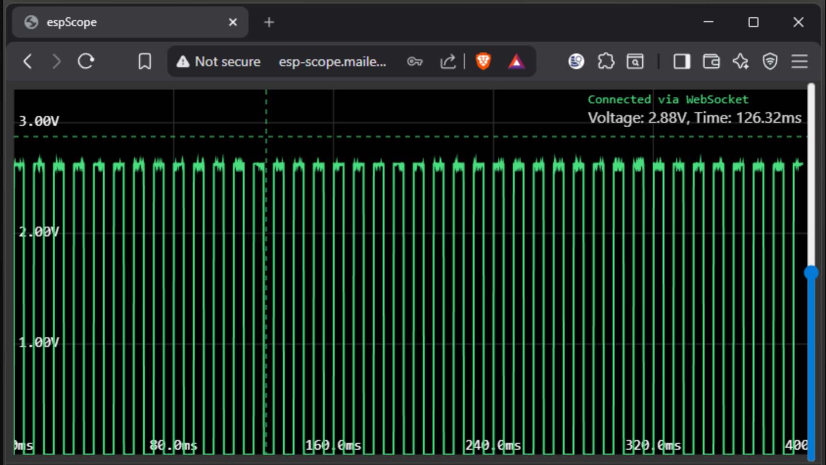 A browser window is shown, in which a web page is displaying a green trace of a square wave.