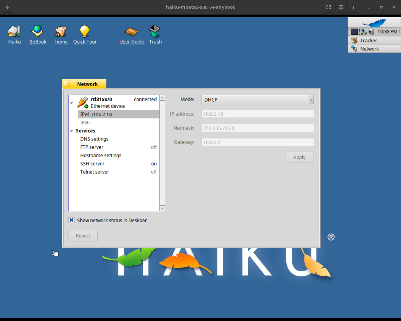 The Haiku network setup dialog