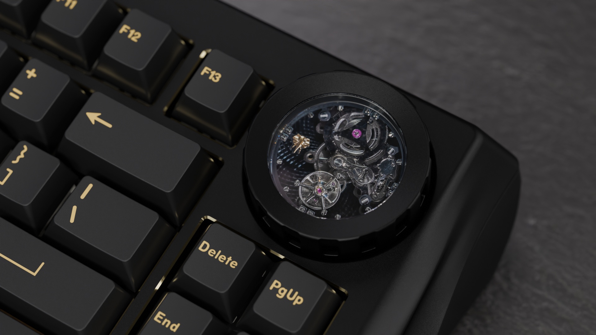 The upper right corner of a mechanical keyboard with a tourbillion watch movement that ticks along as you type and is fun to, um, watch.